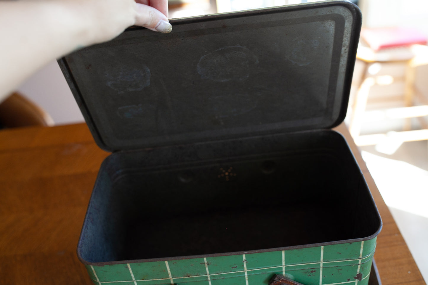 Vintage Picnic Tin- Green and White Plaid