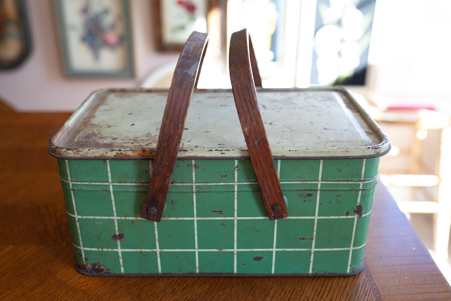 Vintage Picnic Tin- Green and White Plaid