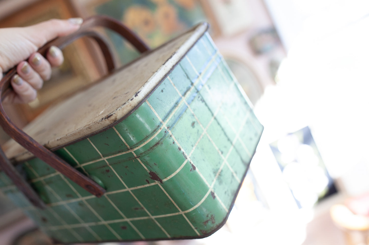 Vintage Picnic Tin- Green and White Plaid