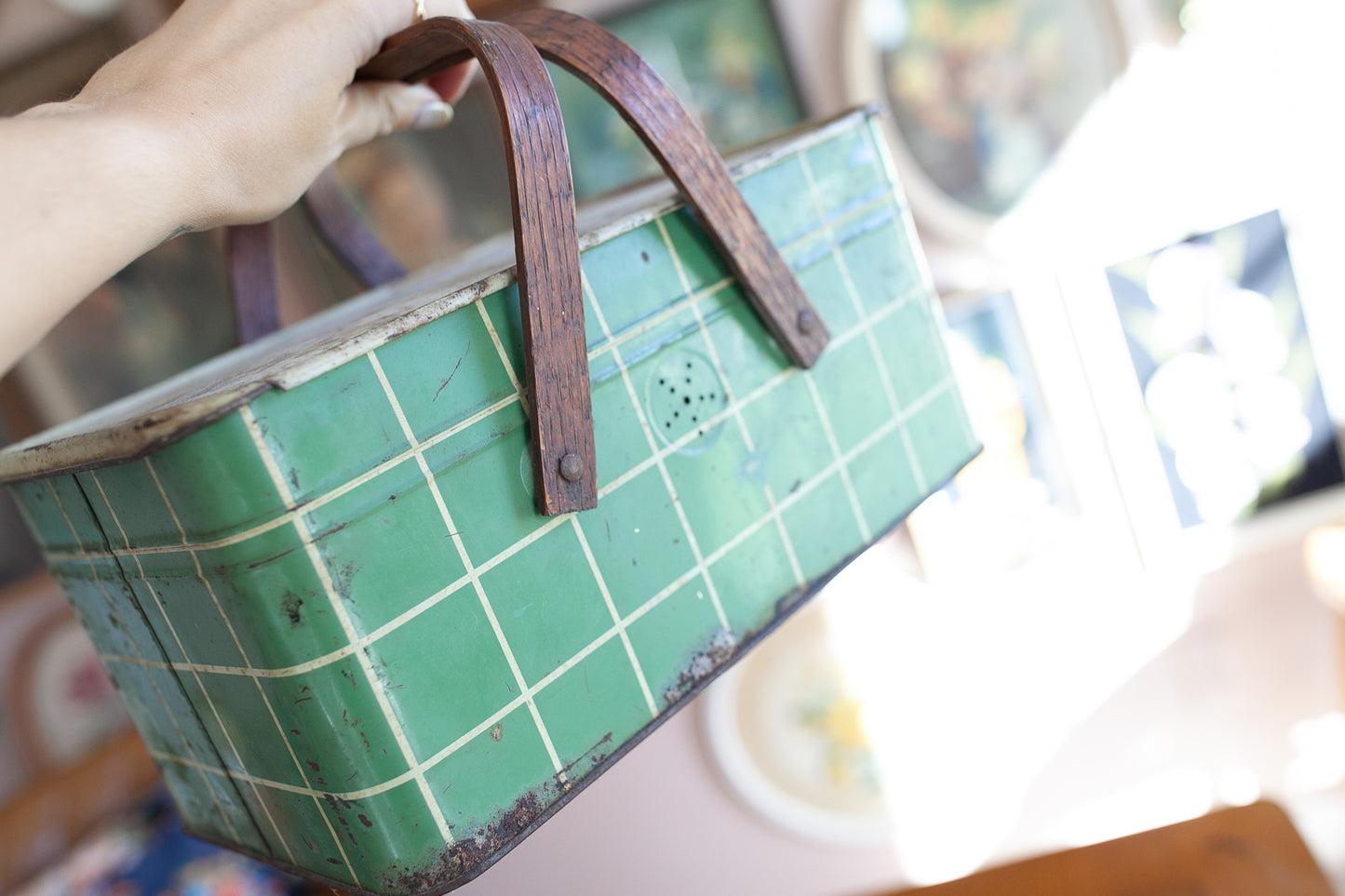 Vintage Picnic Tin- Green and White Plaid