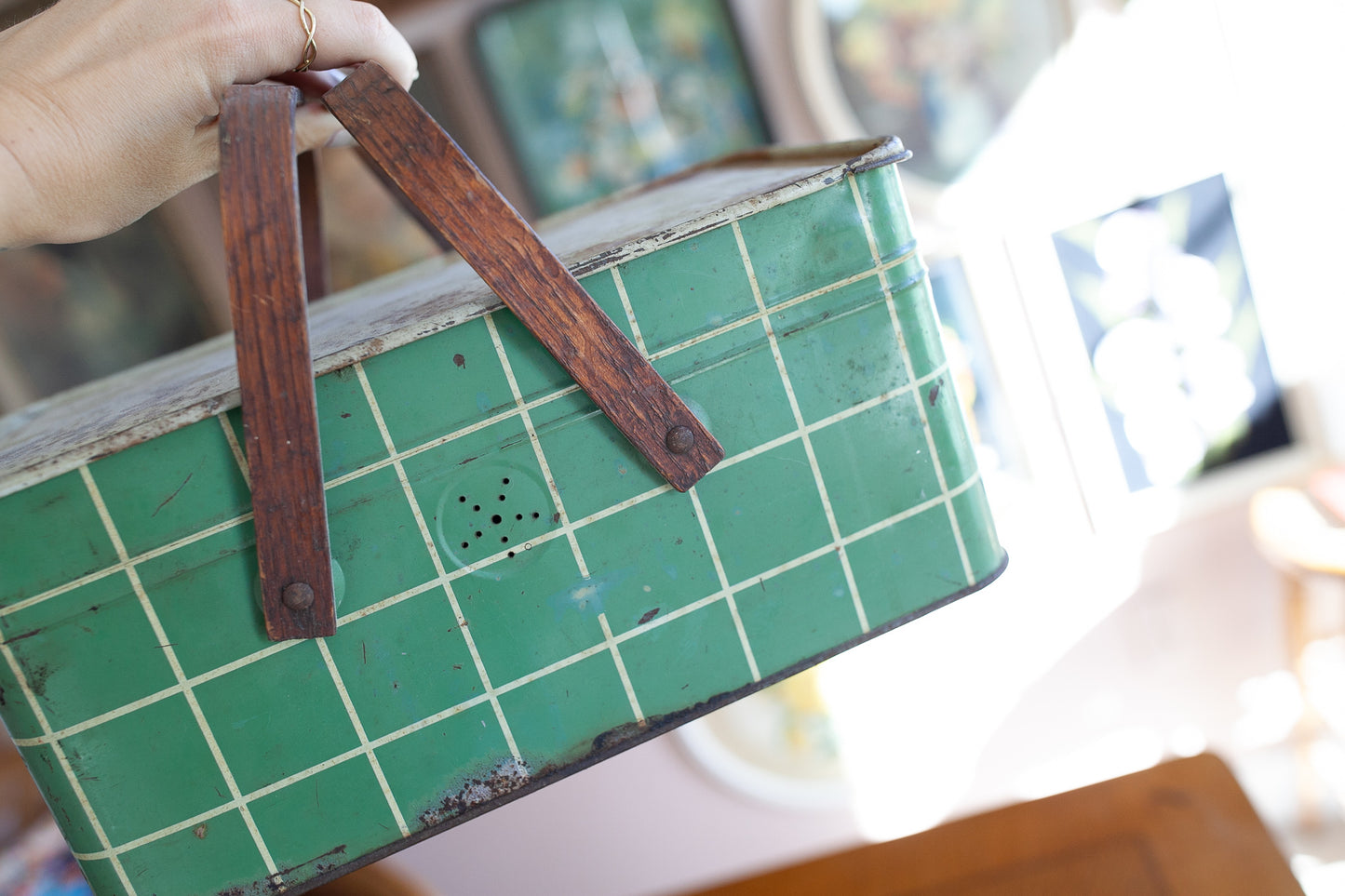 Vintage Picnic Tin- Green and White Plaid