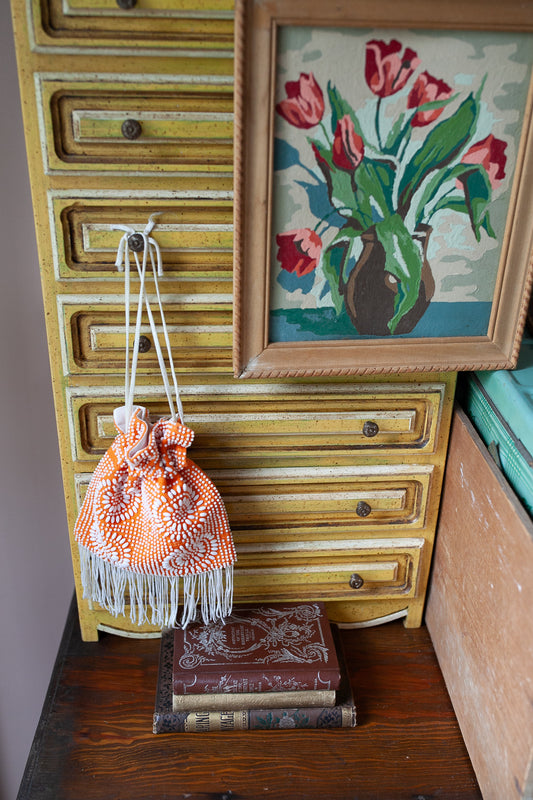 Vintage Beaded Purse - Orange and White Purse - Drawstring Purse