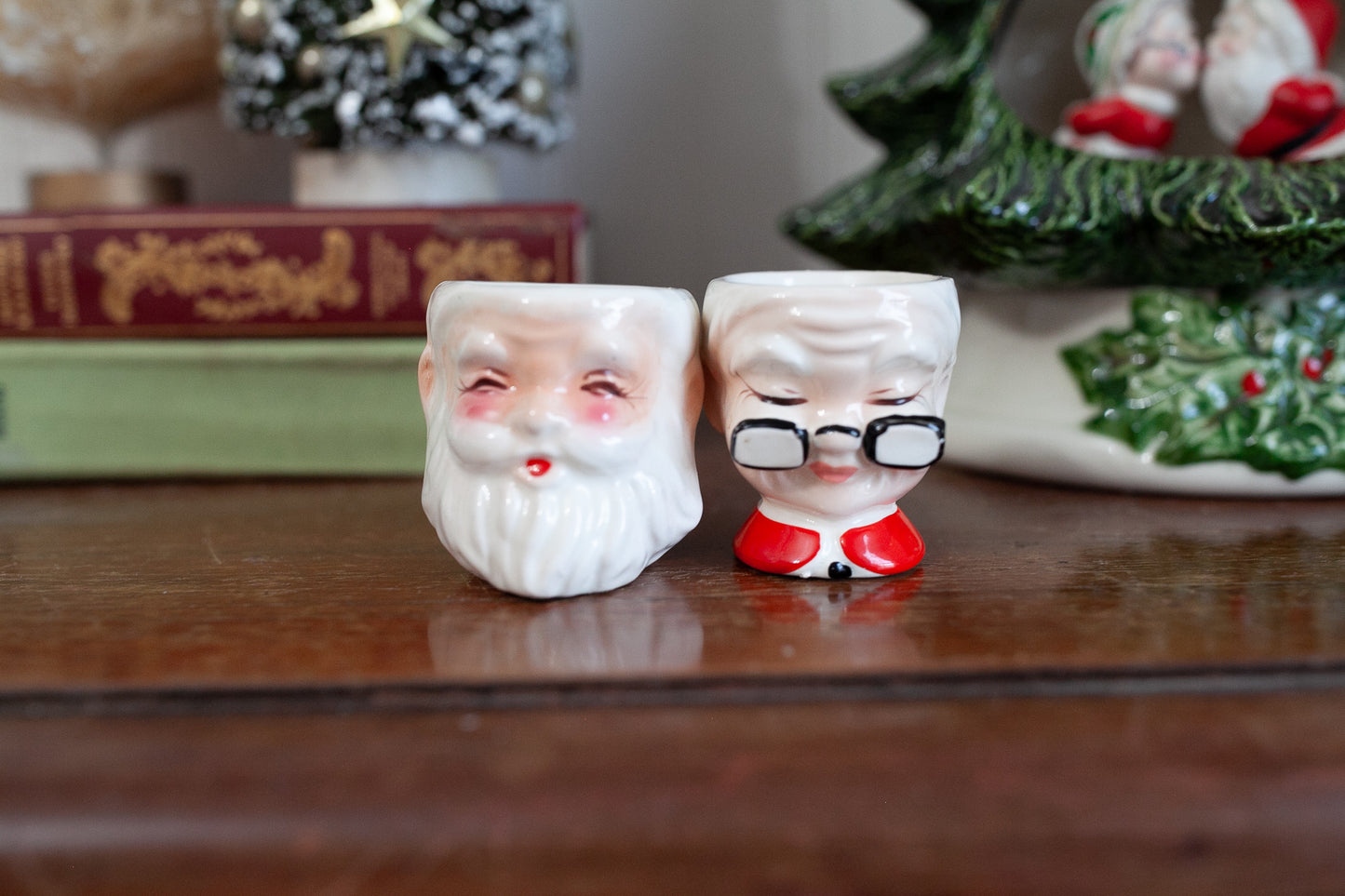 Vintage Christmas Santa and Mrs. Clause Egg Cups, Japan