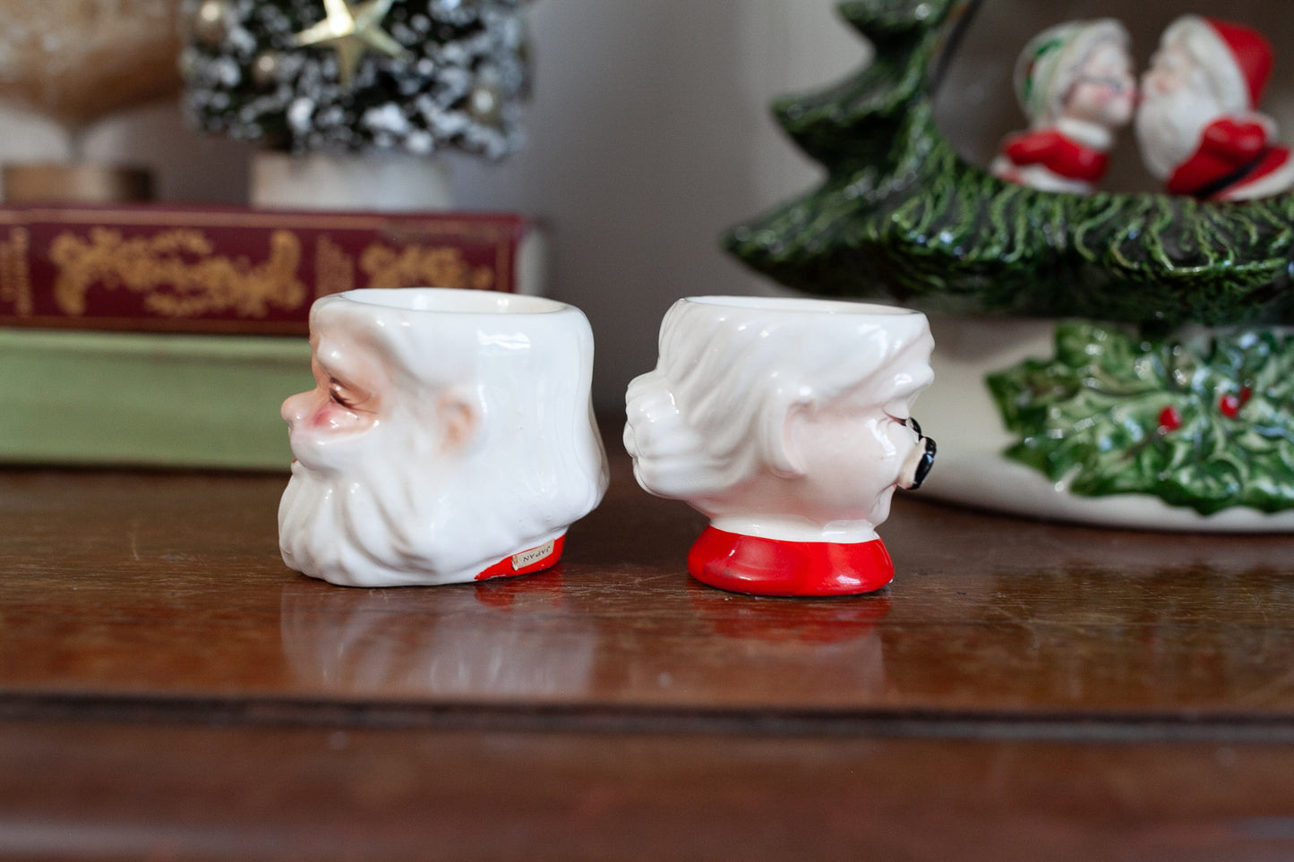 Vintage Christmas Santa and Mrs. Clause Egg Cups, Japan