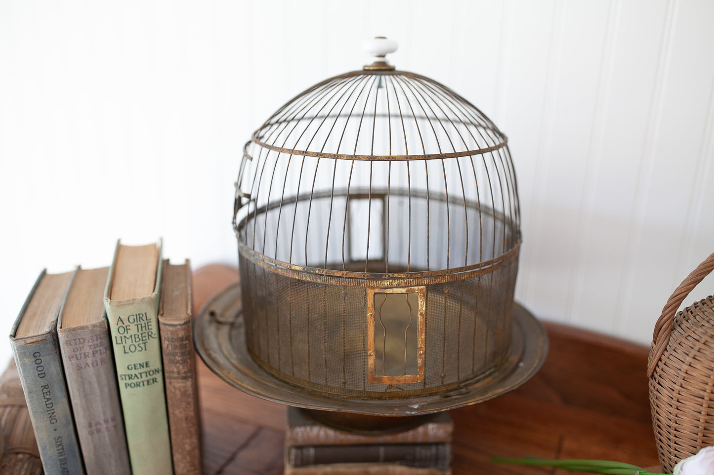 Antique Hendryx Brass Bird Cage-Antique HENDRYX Round Dome Brass Wire Bird Cage - circa 1910, Vintage Metal Beehive Bird House, Gold Terrarium