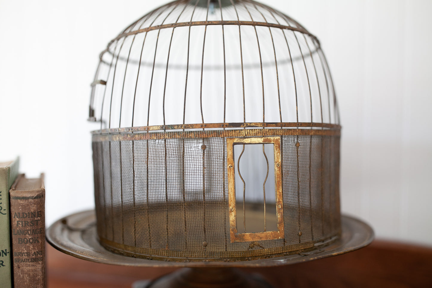 Antique Hendryx Brass Bird Cage-Antique HENDRYX Round Dome Brass Wire Bird Cage - circa 1910, Vintage Metal Beehive Bird House, Gold Terrarium