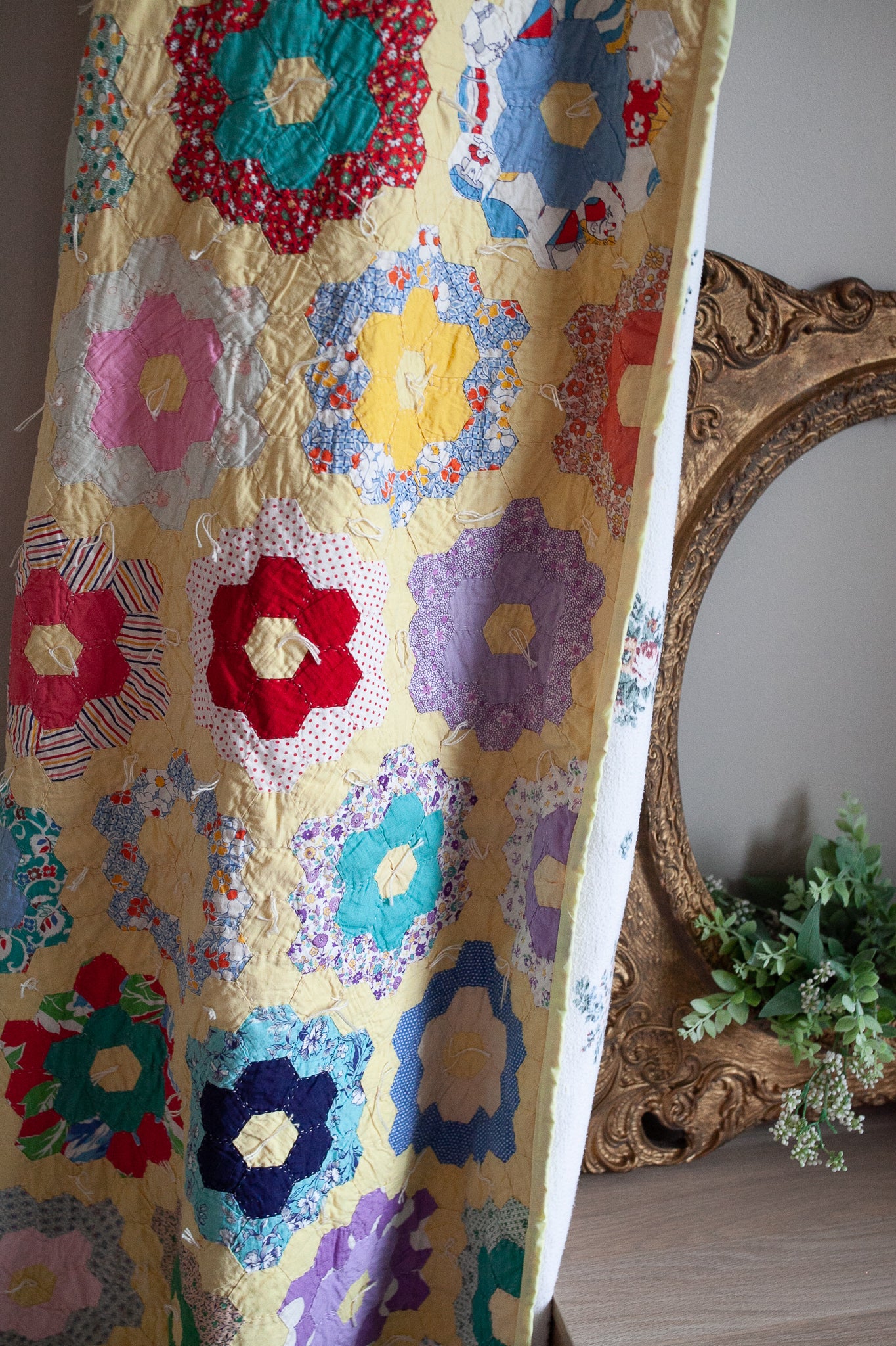 Vintage Grandmother's Garden Quilt- Yellow Quilt