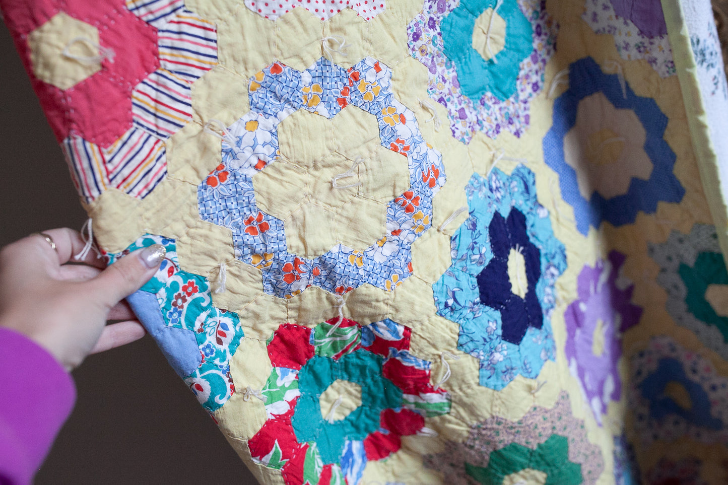 Vintage Grandmother's Garden Quilt- Yellow Quilt