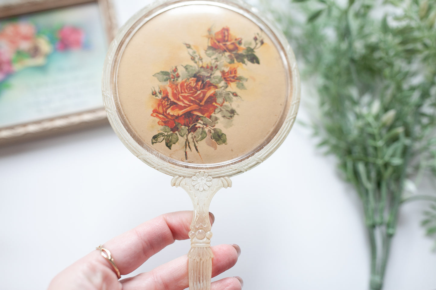 Vintage Hand Mirror - Clear Lucite Vanity Mirror -Floral