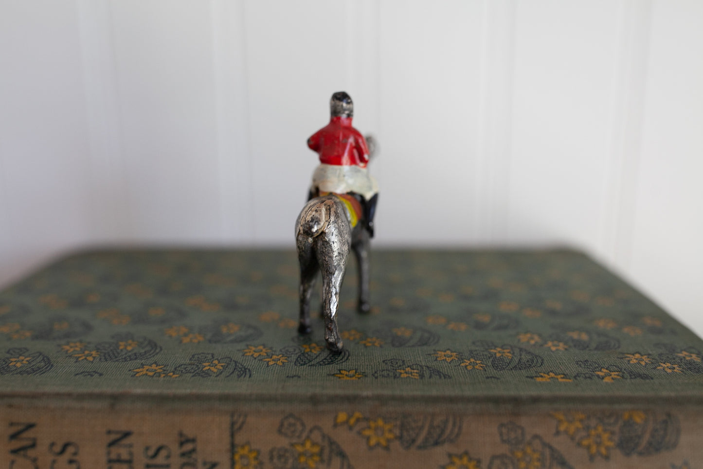 Vintage Japan Cast Iron Lead Silver Painted Horse &Jockey Childs Play Toy Figure - 2.25" tall