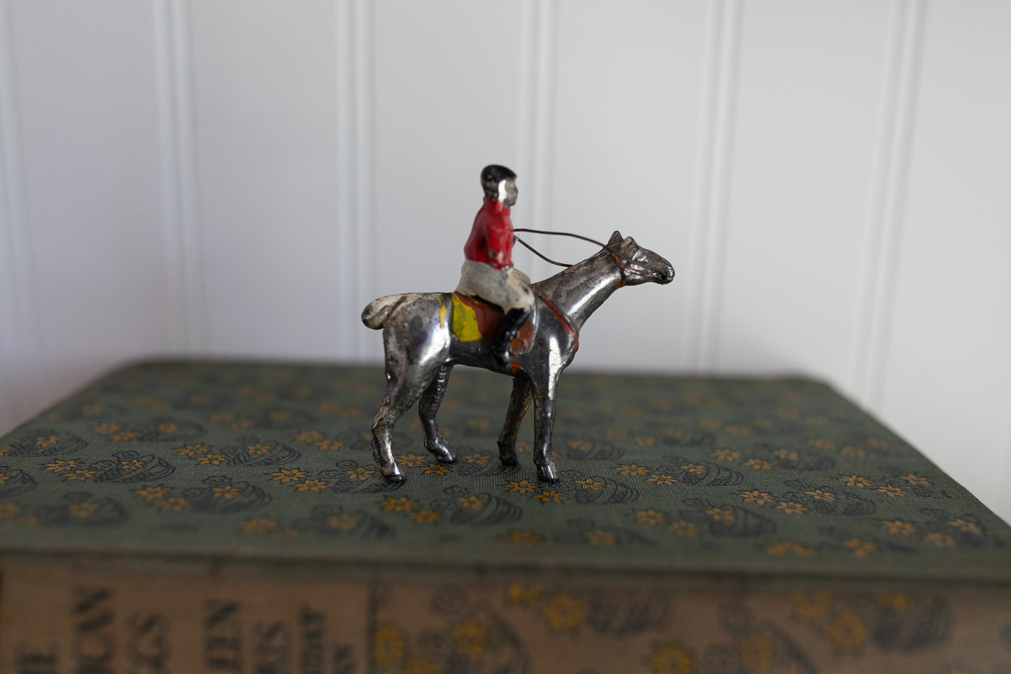 Vintage Japan Cast Iron Lead Silver Painted Horse &Jockey Childs Play Toy Figure - 2.25" tall