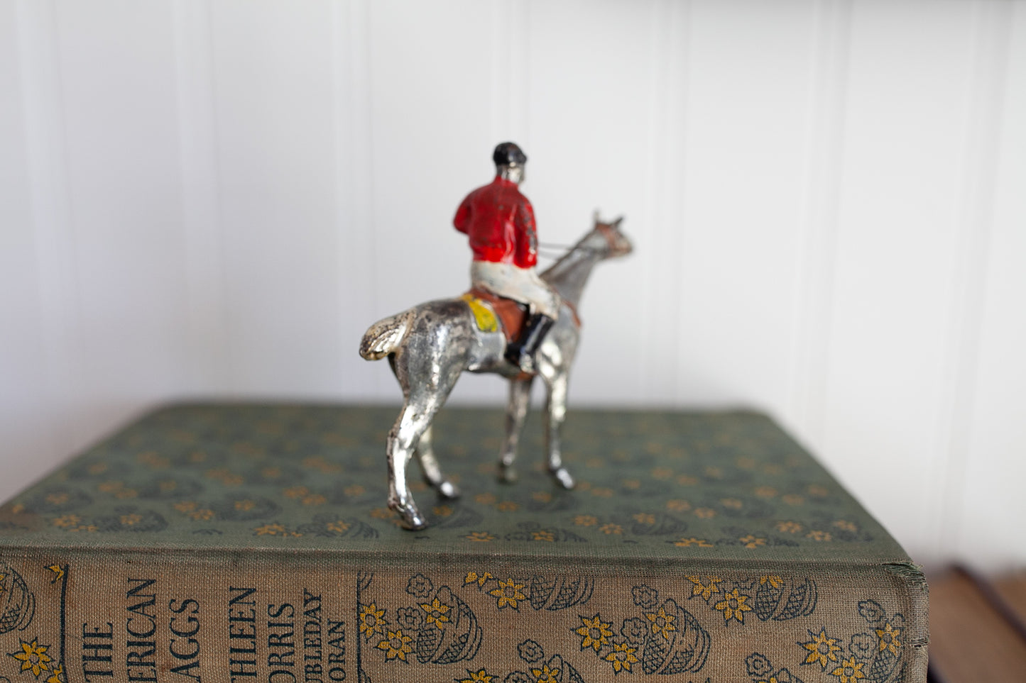 Vintage Japan Cast Iron Lead Silver Painted Horse &Jockey Childs Play Toy Figure - 3.25" tall
