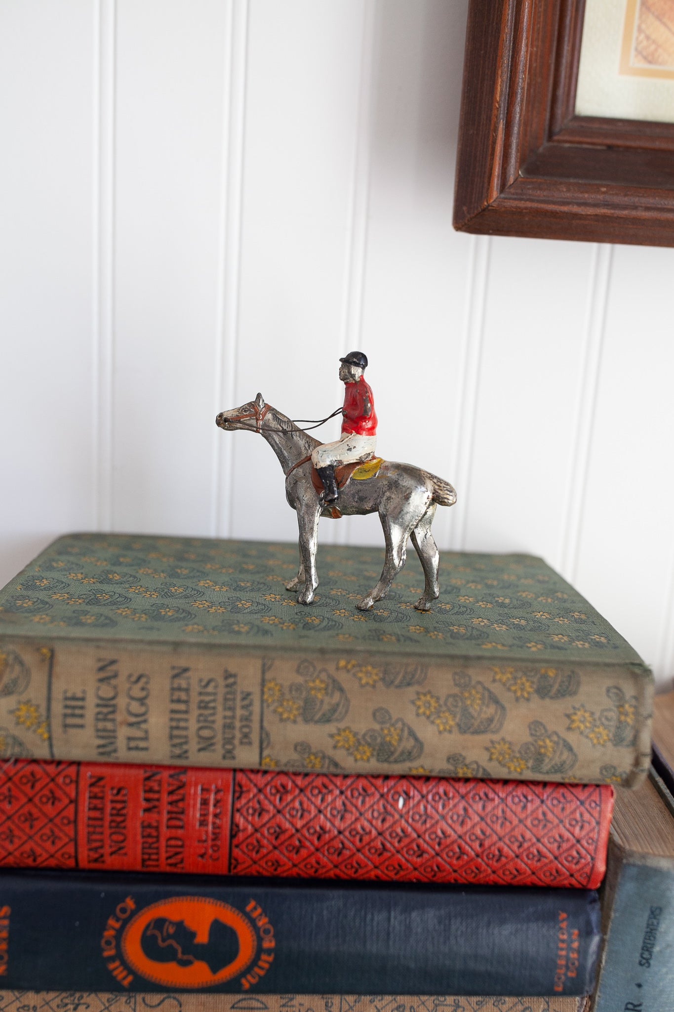 Vintage Japan Cast Iron Lead Silver Painted Horse &Jockey Childs Play Toy Figure - 3.25" tall
