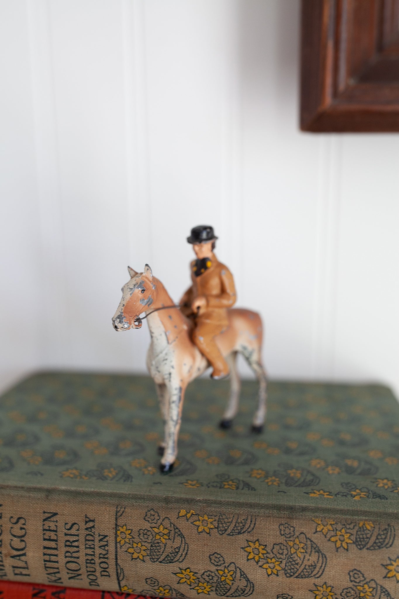 Vintage  Cast Iron Lead Painted Horse &Jockey Childs Play Toy Figure - 3.5" tall