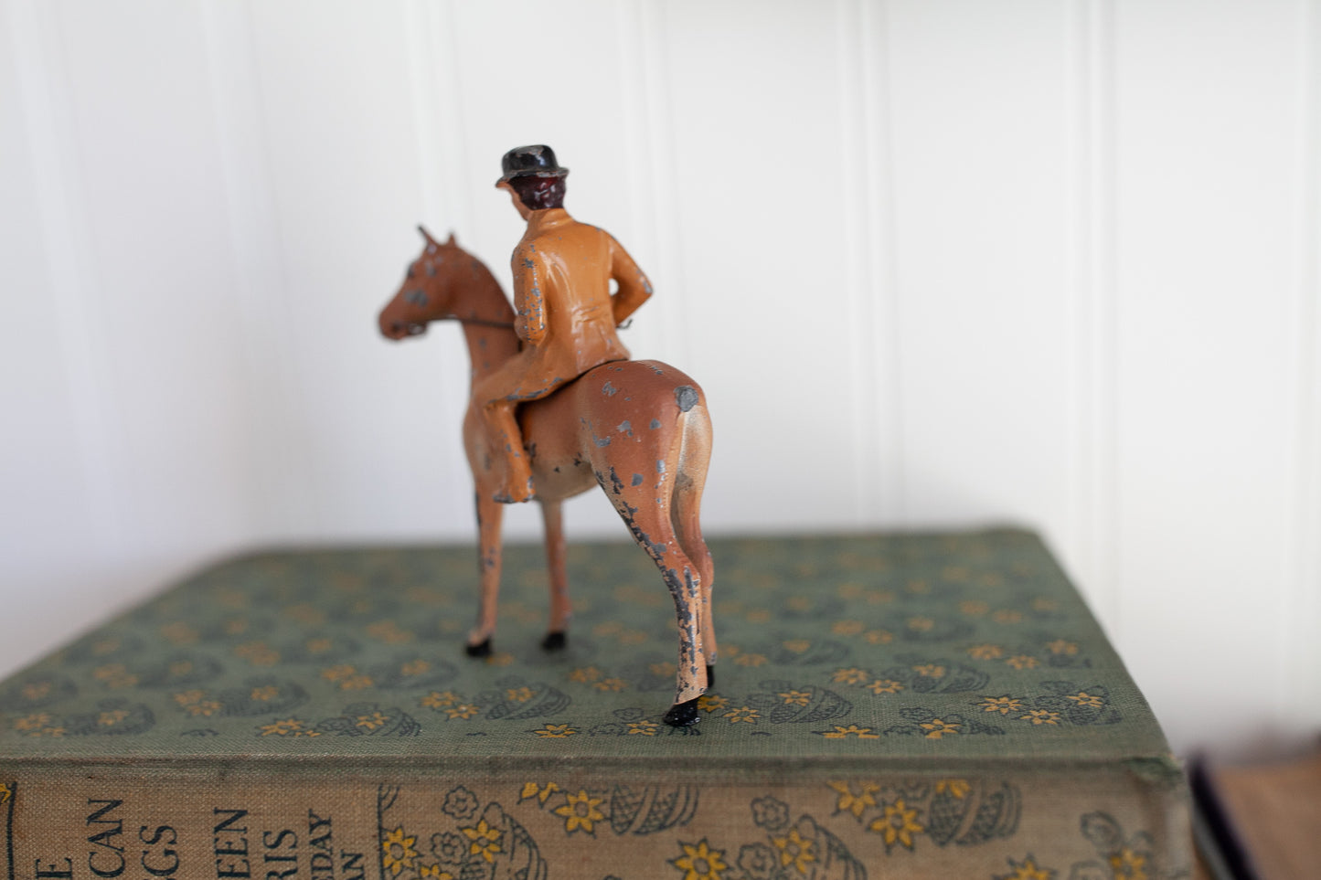Vintage  Cast Iron Lead Painted Horse &Jockey Childs Play Toy Figure - 3.5" tall