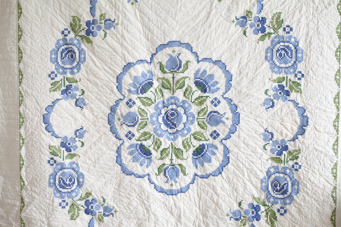 Vintage Blue and Cream Quilt -Cross Stitch Quilt- Quilt