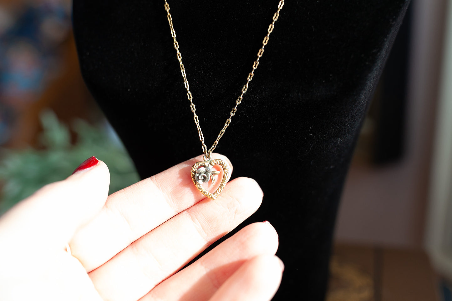 Vintage Jewelry 1928 Brand Heart Necklace with a rose- Heart and Rose