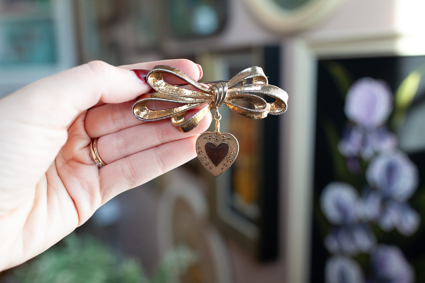 Vintage Bow Pin and Heart Charm- Brooch - Bow Brooch- Vintage Bow Brooch- Heart Charm- Gold