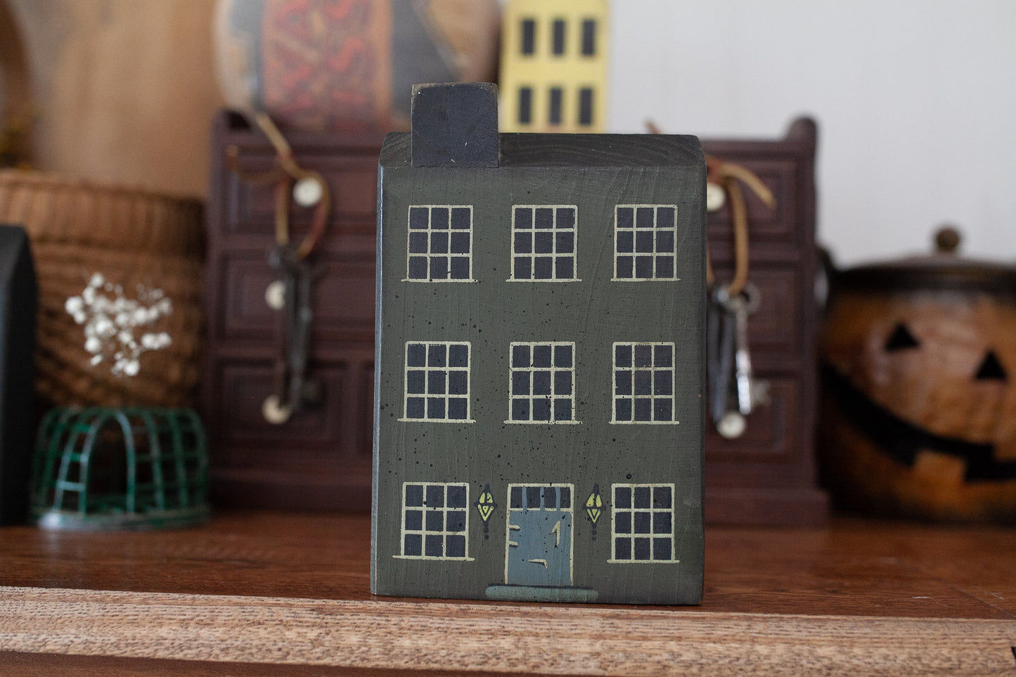 Vintage Wooden House - Wood Block House- Green Window House