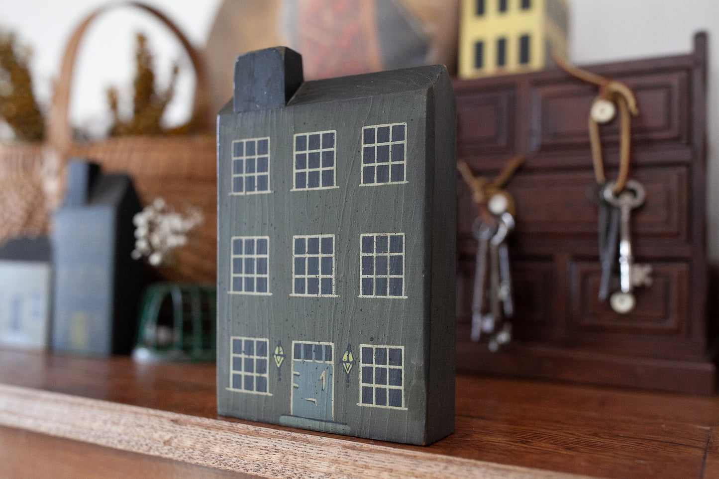 Vintage Wooden House - Wood Block House- Green Window House