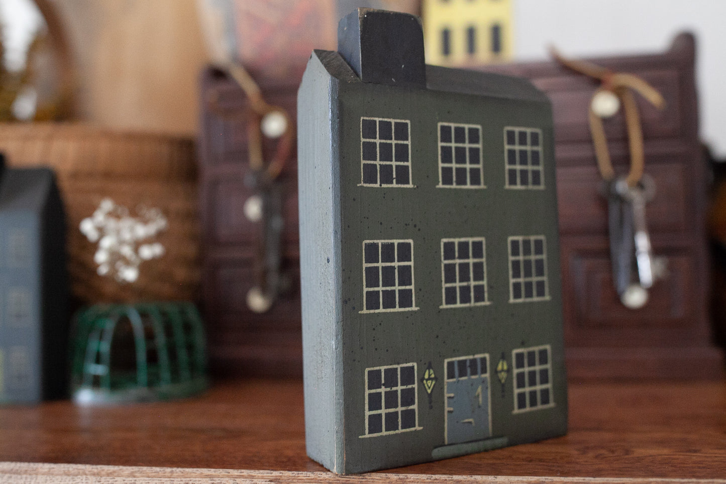 Vintage Wooden House - Wood Block House- Green Window House