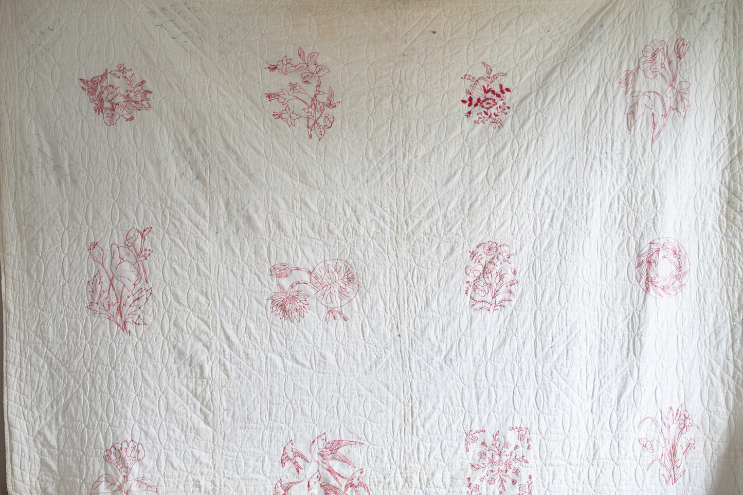 Antique Autographed Red and White Quilt - Antique Quilt- Embroidered