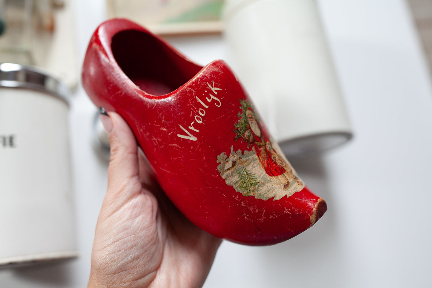 Vintage Clog - Dutch Shoe - Merry Christmas -Red Clog