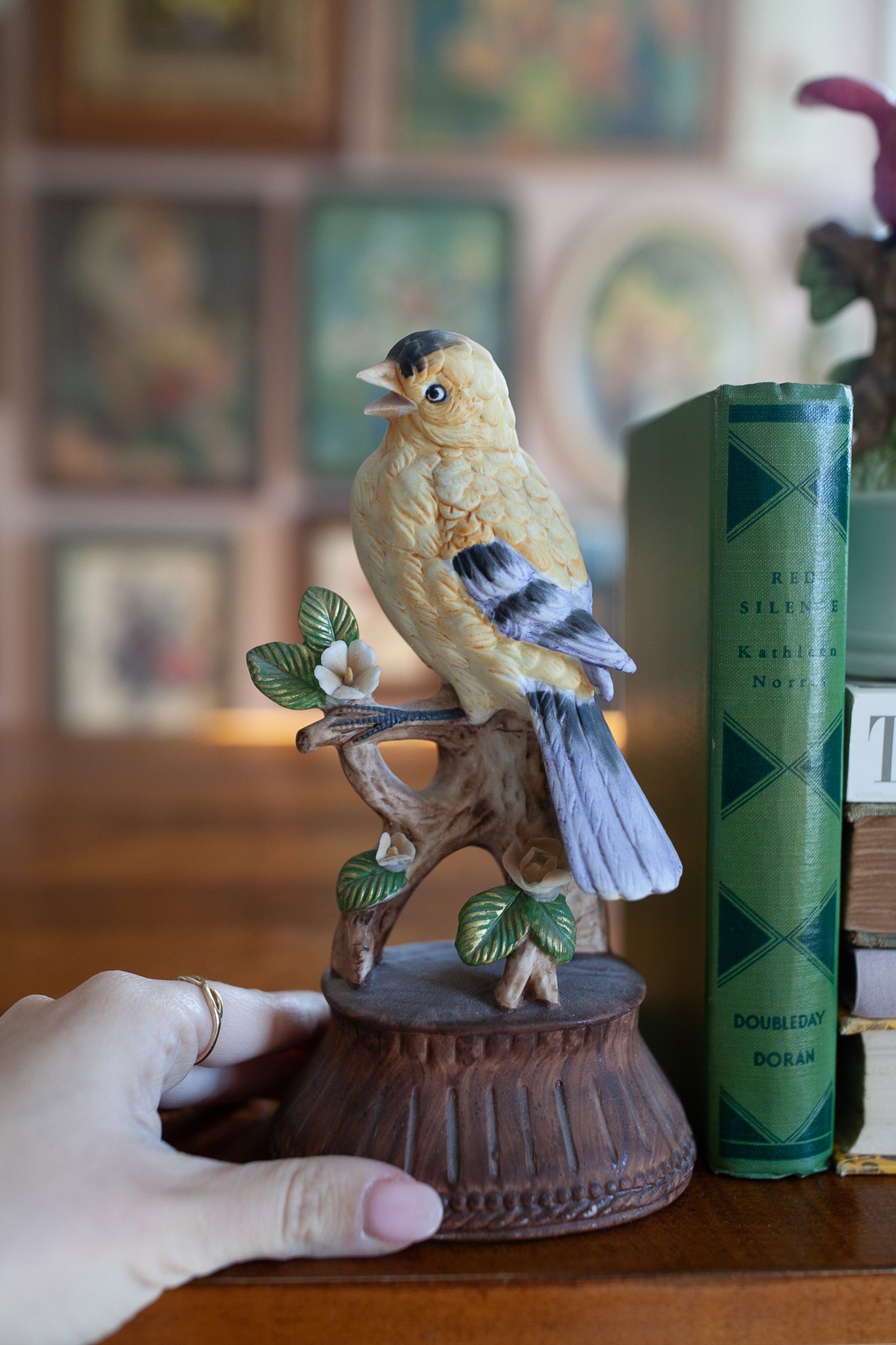 Bird Music Box Yellow Goldfinch Music Box Painted Bisque Ceramic Figurine Lovely Colors