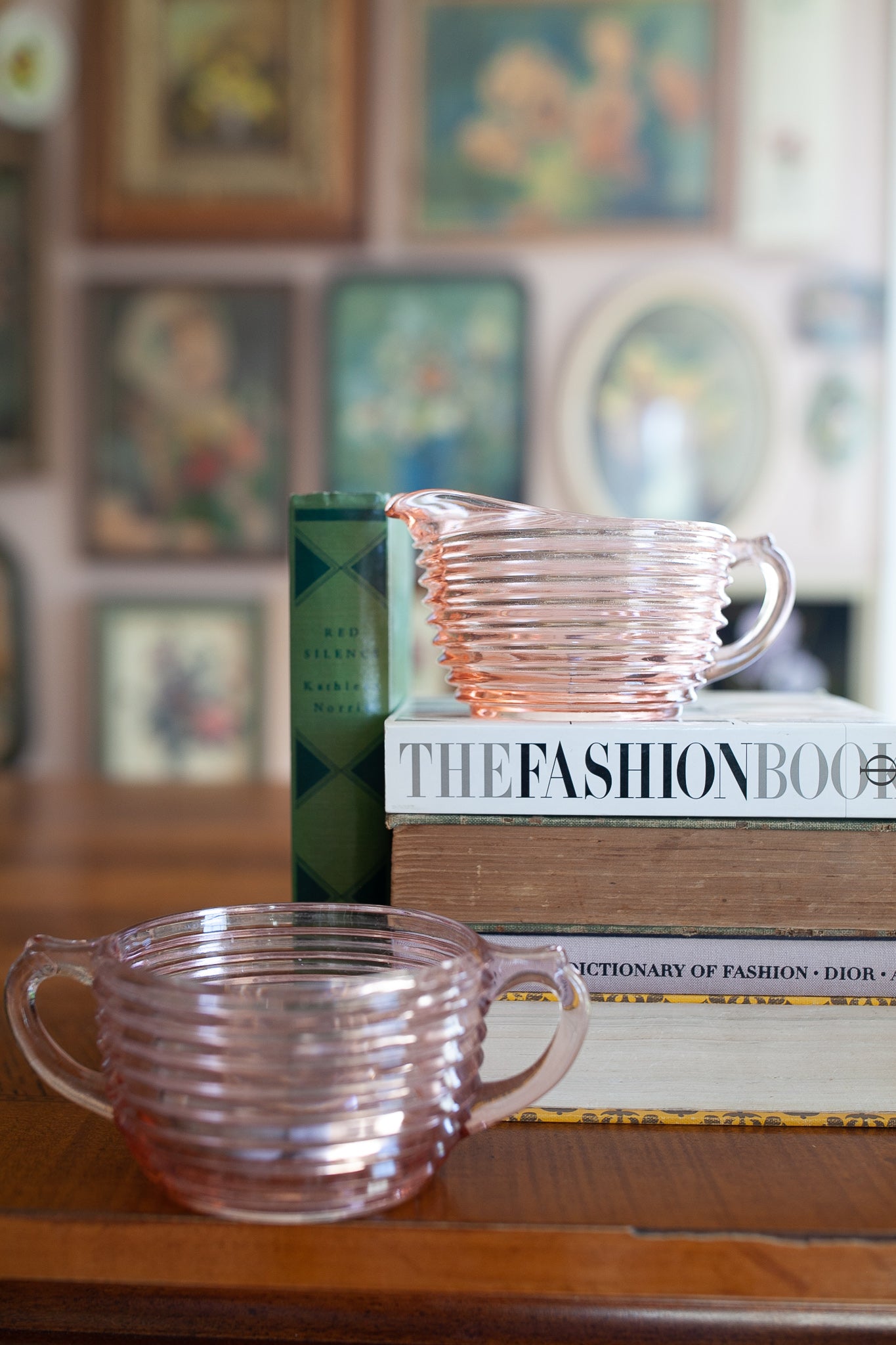 Vintage Pink Depression Glass Ribbed Sugar Bowl and Creamer