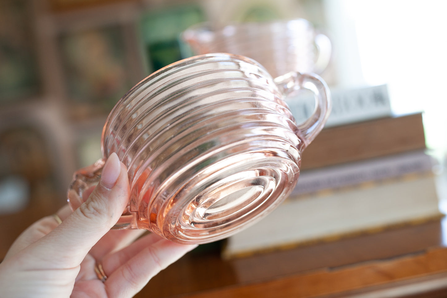 Vintage Pink Depression Glass Ribbed Sugar Bowl and Creamer