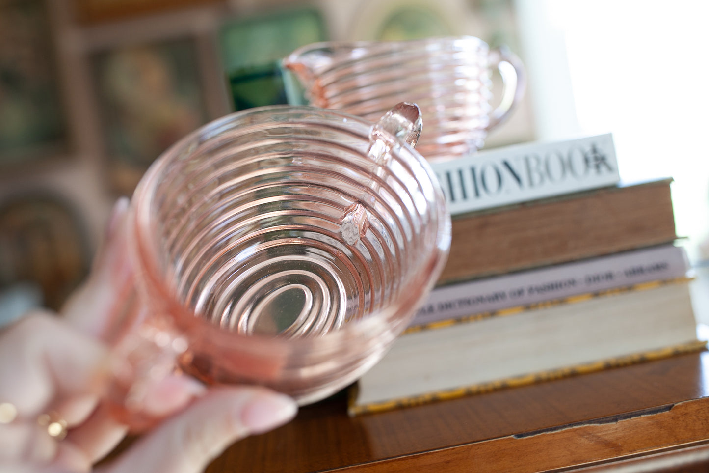 Vintage Pink Depression Glass Ribbed Sugar Bowl and Creamer