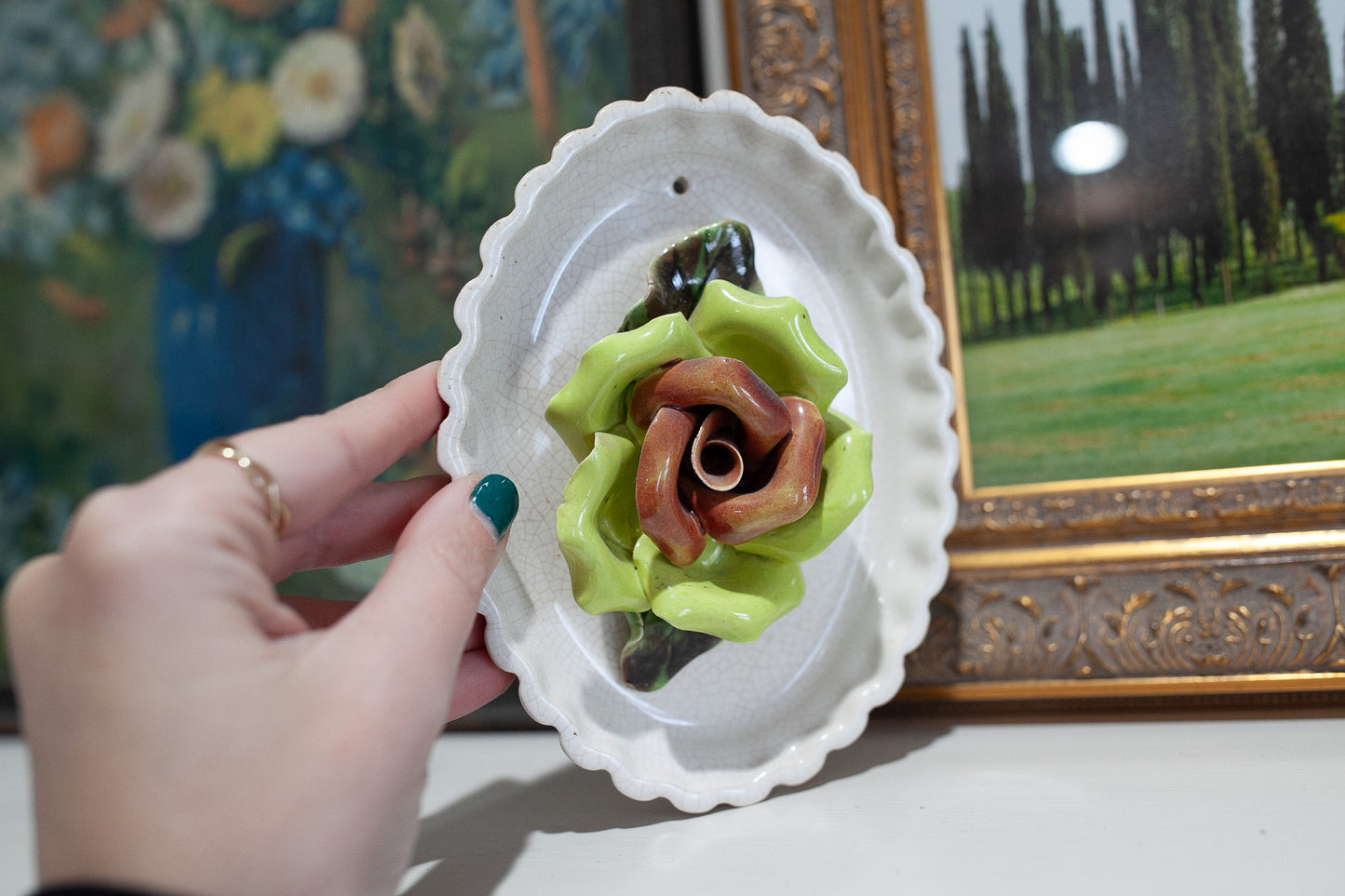 Vintage Green Rose Wall Plaque- Rose Flower Art- Porcelain Flower Art