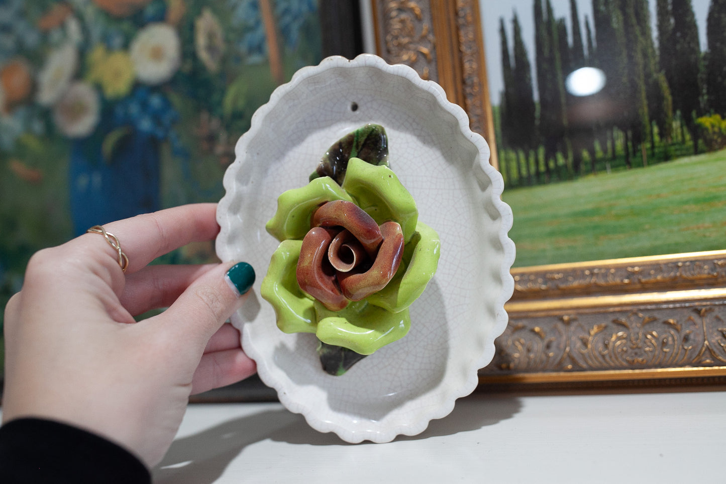 Vintage Green Rose Wall Plaque- Rose Flower Art- Porcelain Flower Art