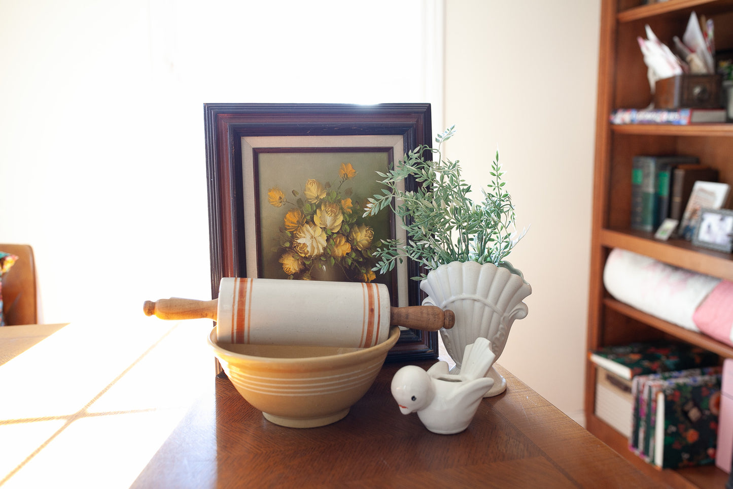 Vintage Yellow-ware Bowl- Yellow Stoneware Bowl with White stripes