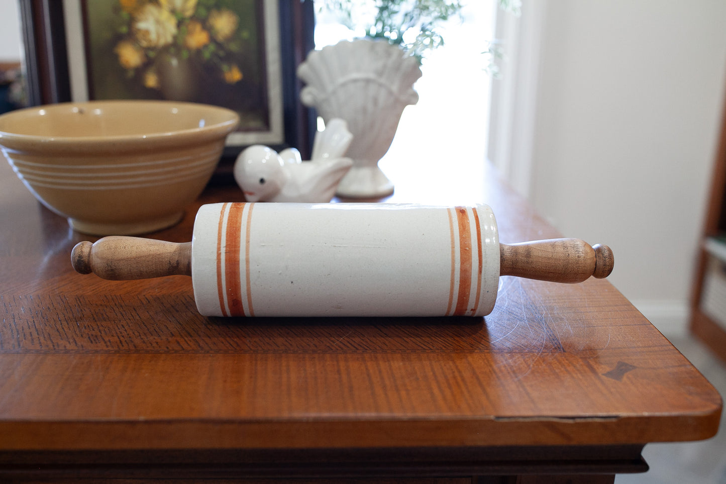 Antique Stoneware Rolling Pin -Rust Colored Rings- Wooden Handles