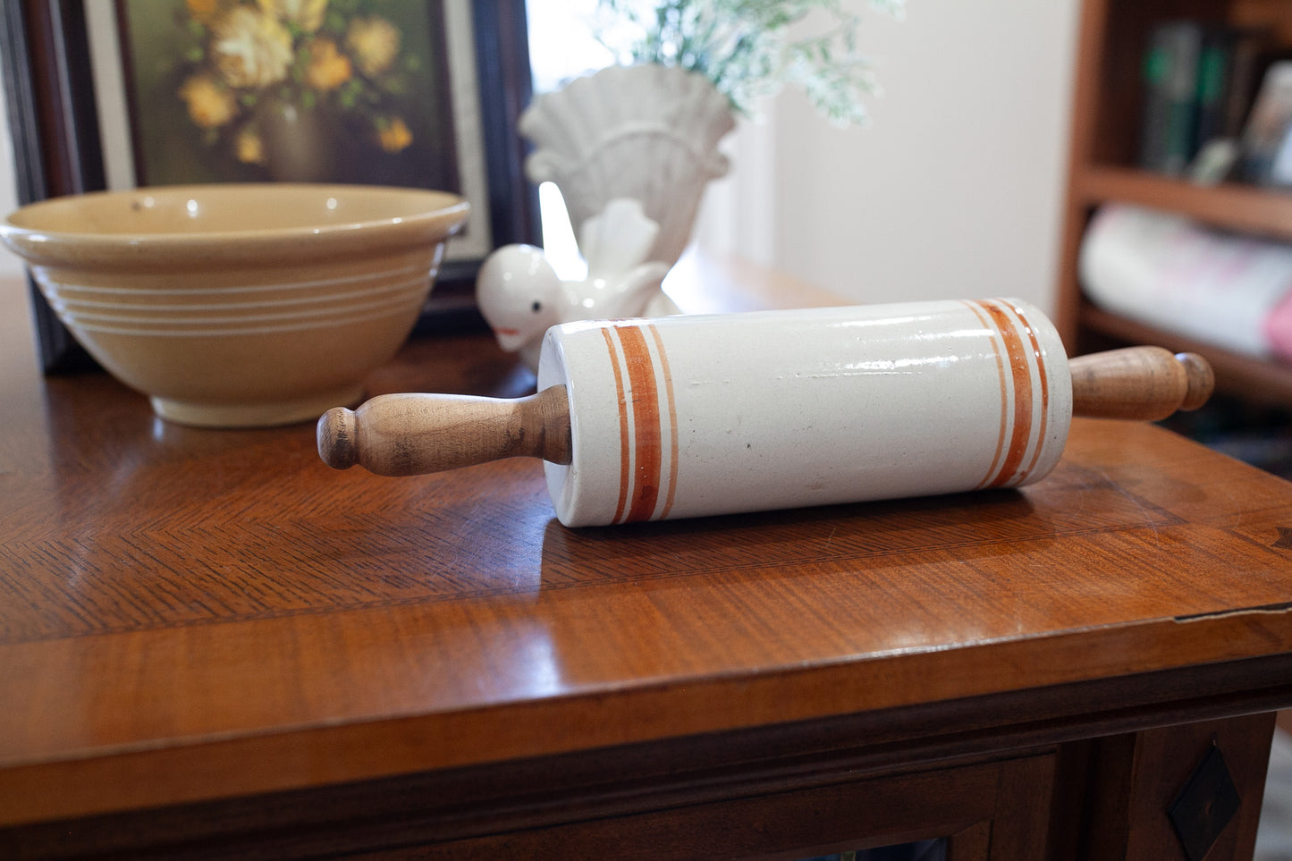 Antique Stoneware Rolling Pin -Rust Colored Rings- Wooden Handles