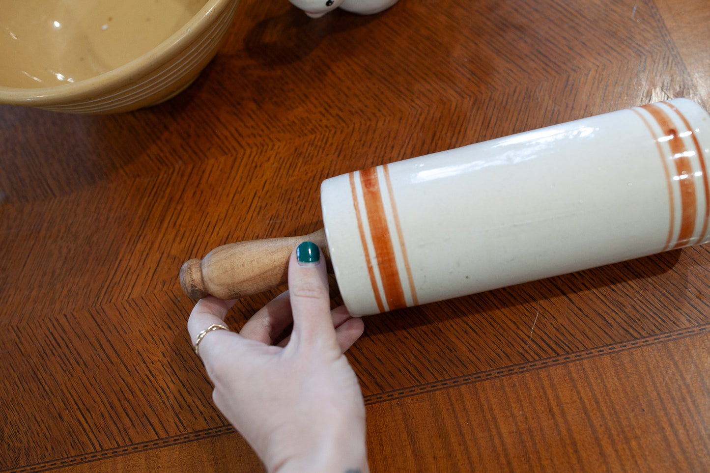 Antique Stoneware Rolling Pin -Rust Colored Rings- Wooden Handles