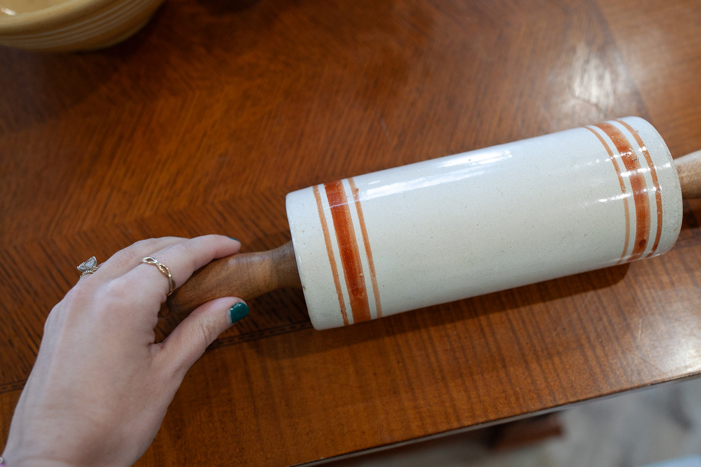 Antique Stoneware Rolling Pin -Rust Colored Rings- Wooden Handles