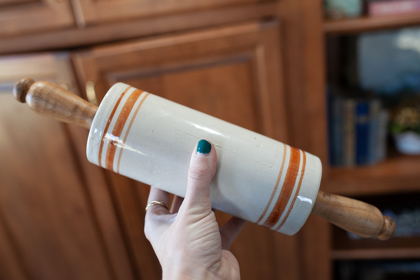 Antique Stoneware Rolling Pin -Rust Colored Rings- Wooden Handles