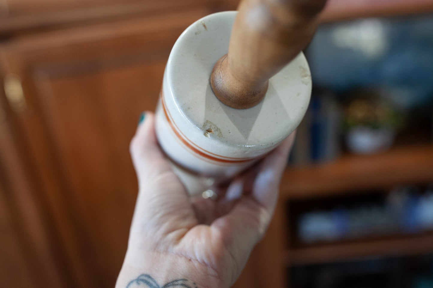 Antique Stoneware Rolling Pin -Rust Colored Rings- Wooden Handles