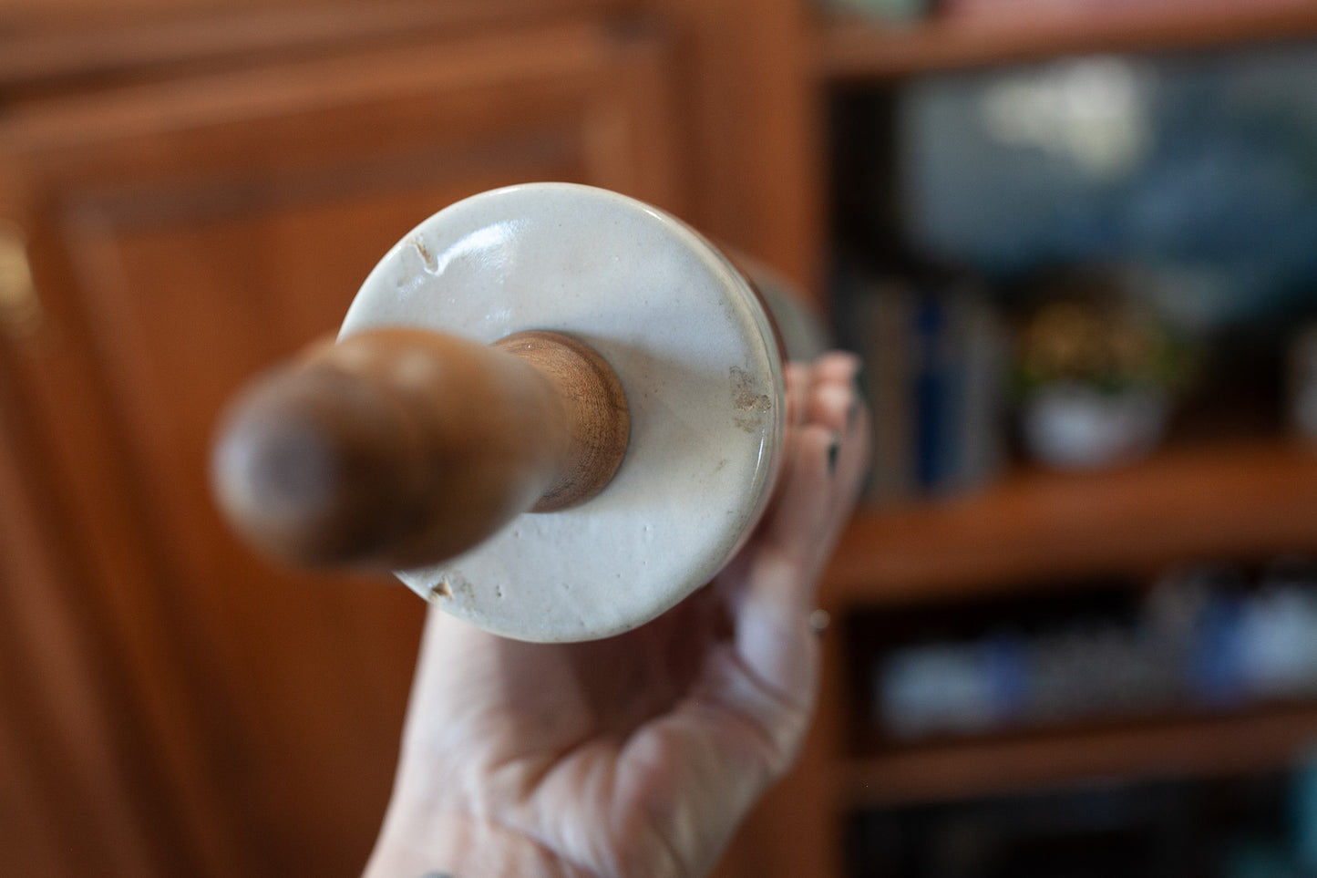 Antique Stoneware Rolling Pin -Rust Colored Rings- Wooden Handles