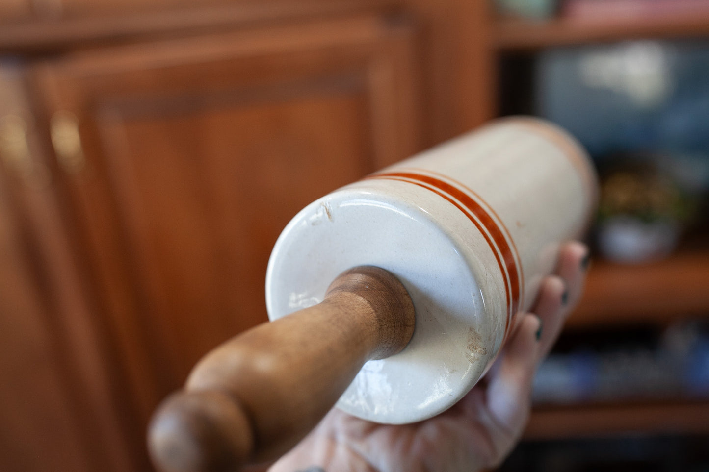 Antique Stoneware Rolling Pin -Rust Colored Rings- Wooden Handles