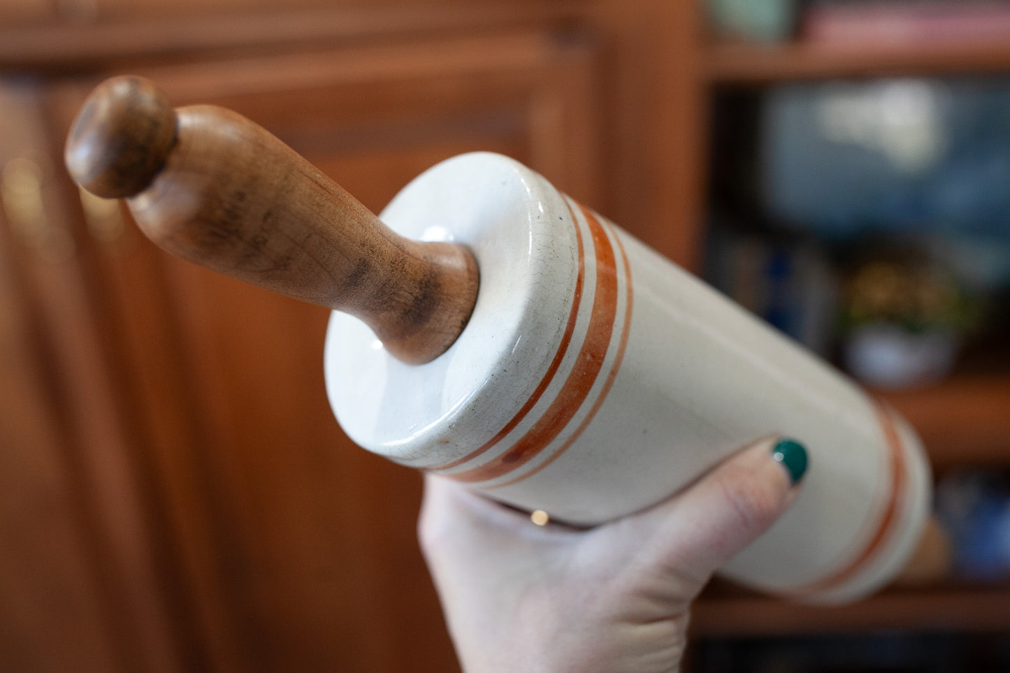 Antique Stoneware Rolling Pin -Rust Colored Rings- Wooden Handles