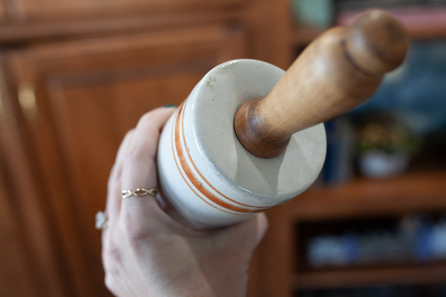 Antique Stoneware Rolling Pin -Rust Colored Rings- Wooden Handles