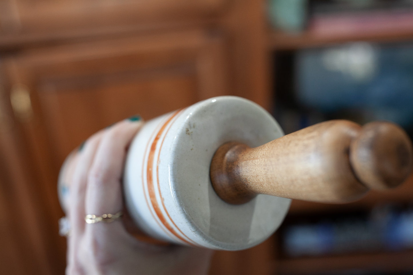 Antique Stoneware Rolling Pin -Rust Colored Rings- Wooden Handles