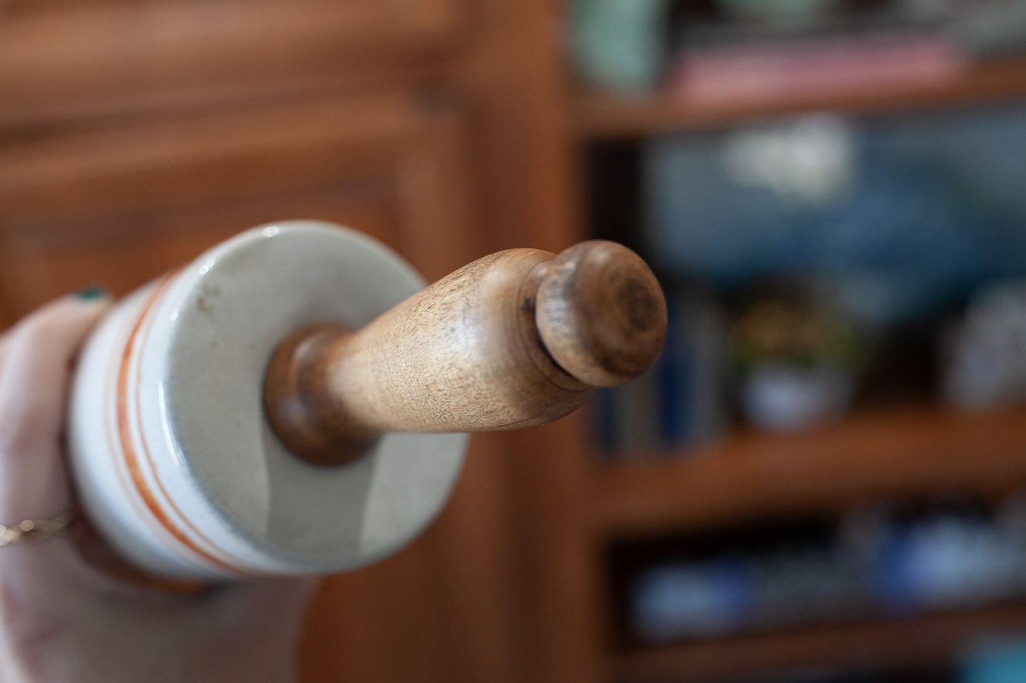 Antique Stoneware Rolling Pin -Rust Colored Rings- Wooden Handles