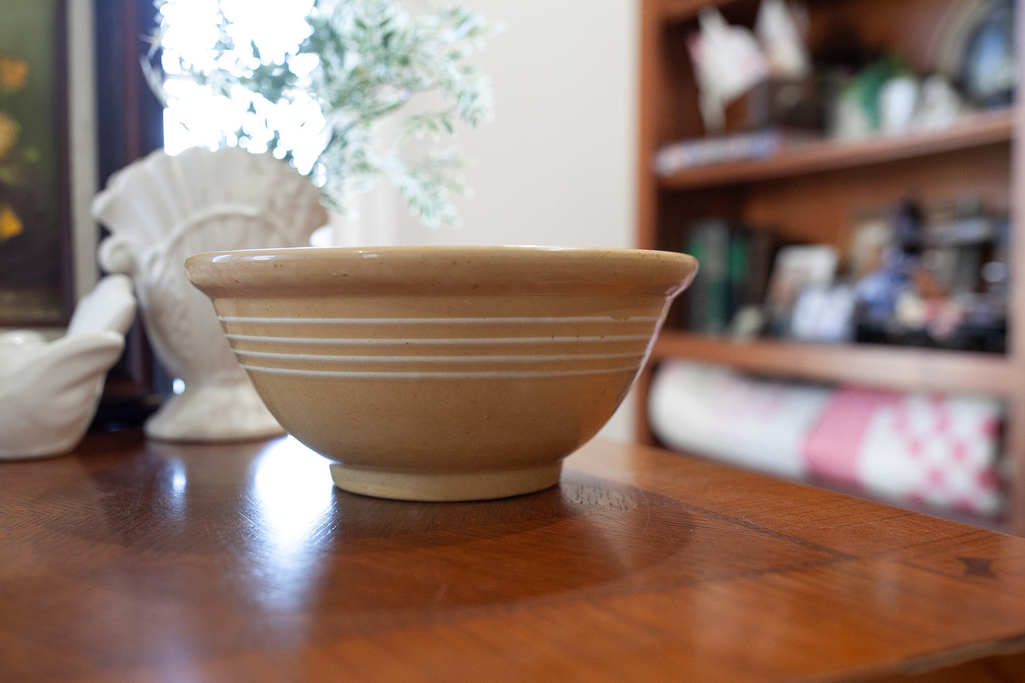 Vintage Yellow-ware Bowl- Yellow Stoneware Bowl with White stripes