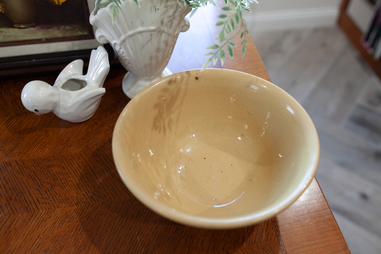 Vintage Yellow-ware Bowl- Yellow Stoneware Bowl with White stripes