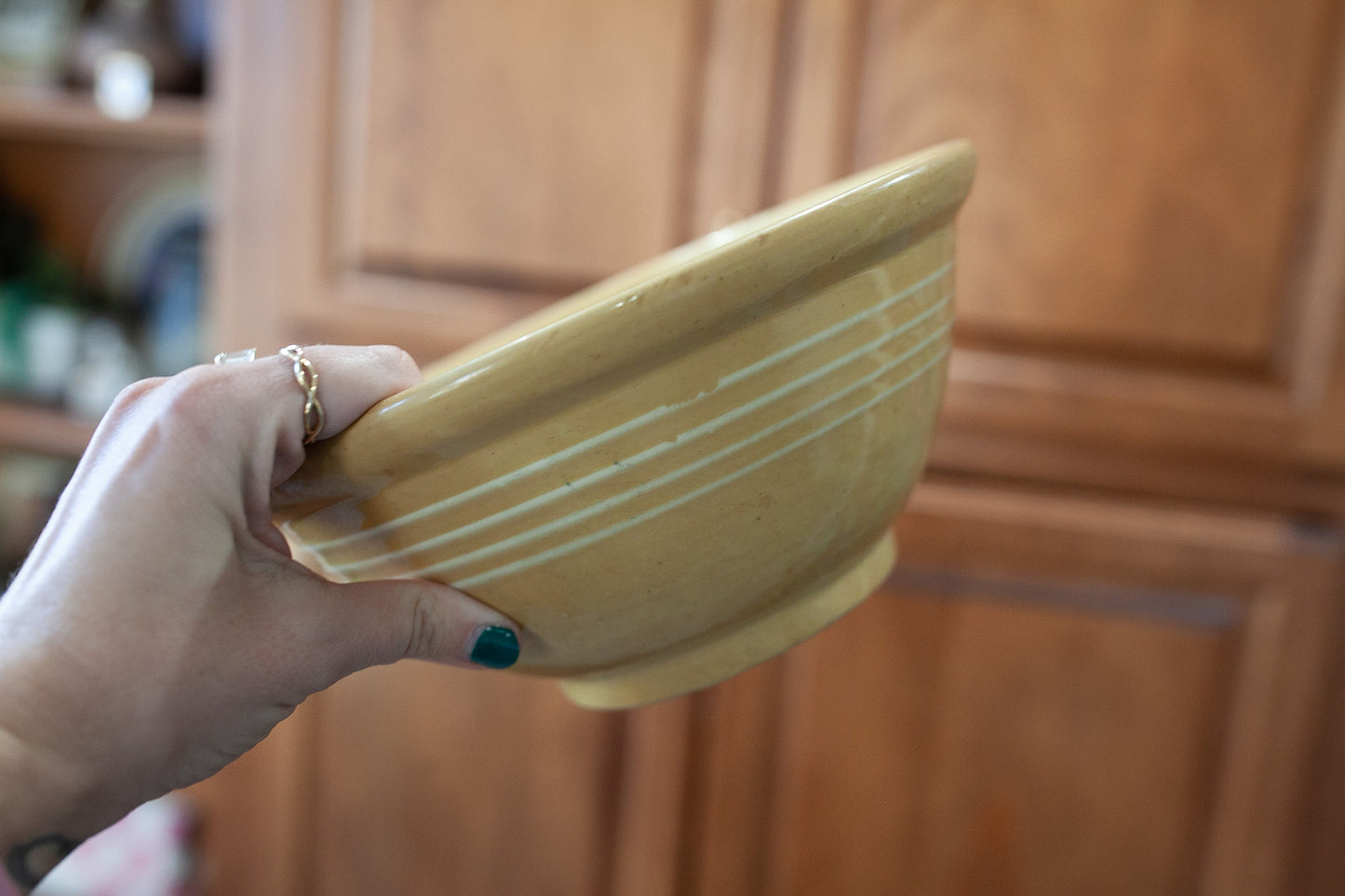 Vintage Yellow-ware Bowl- Yellow Stoneware Bowl with White stripes