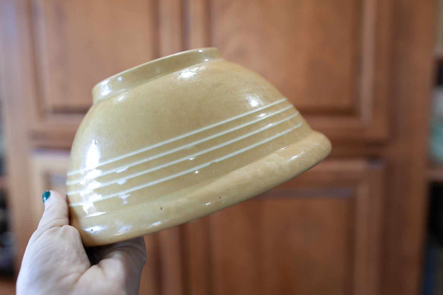 Vintage Yellow-ware Bowl- Yellow Stoneware Bowl with White stripes